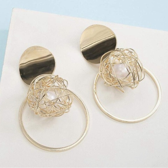 Gold  Pearl Cage Hoops - Picture 9 of 15